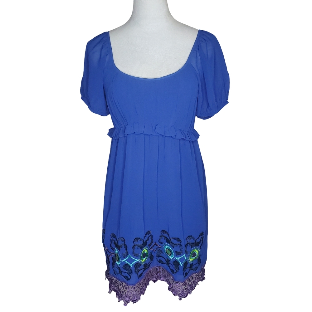 Arden B Royal Blue Empire Waist Embroidered Dress